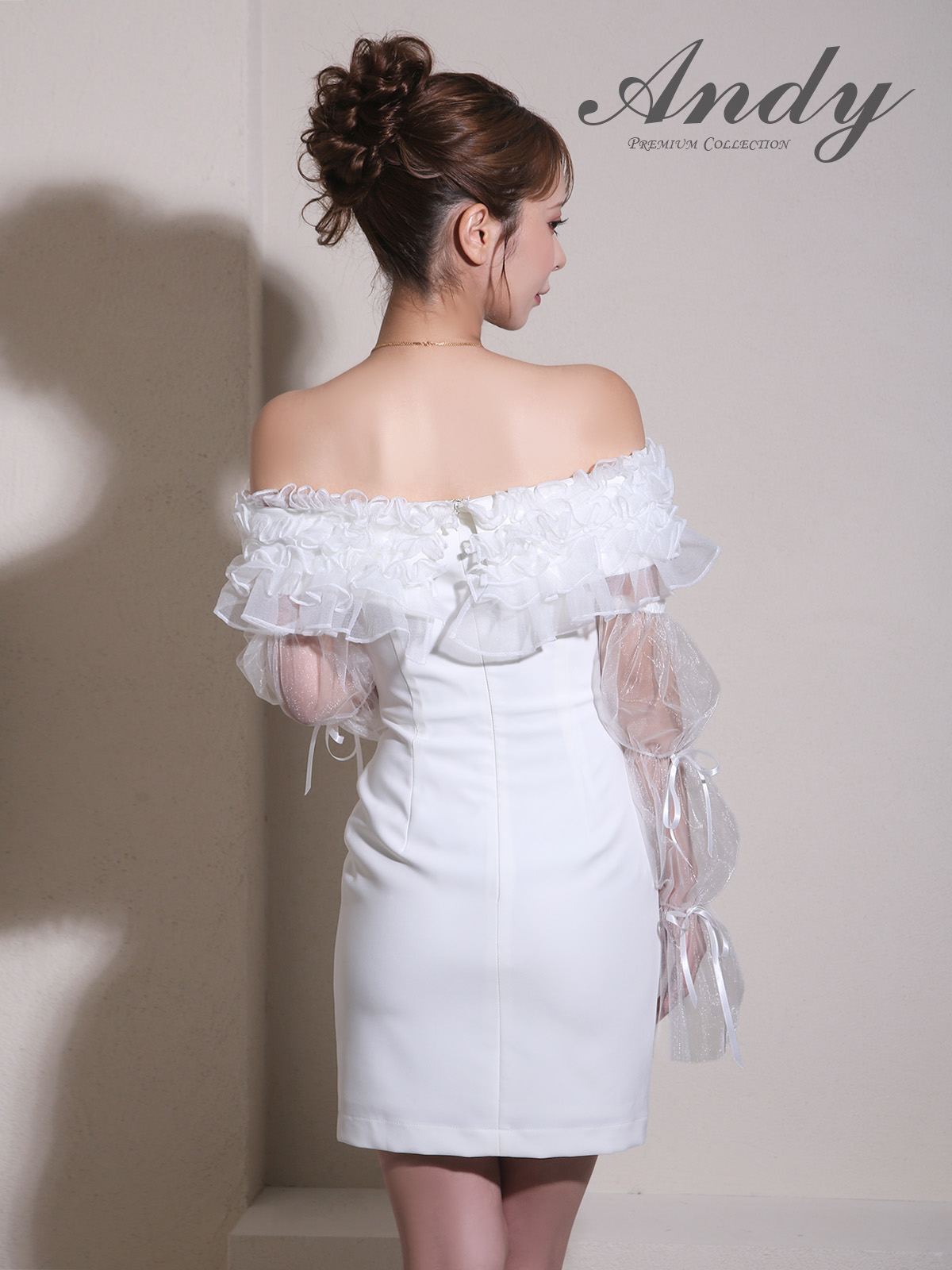 2Way オフショルダー 長袖 フリル リボン シアースリーブ タイトミニドレスの全身サイド画像1