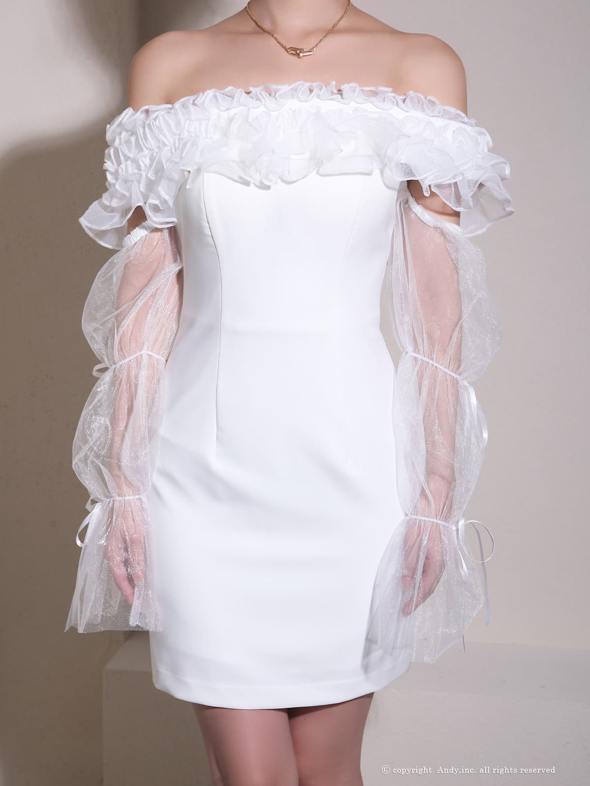 2Way オフショルダー 長袖 フリル リボン シアースリーブ タイトミニドレスの全身バック画像1