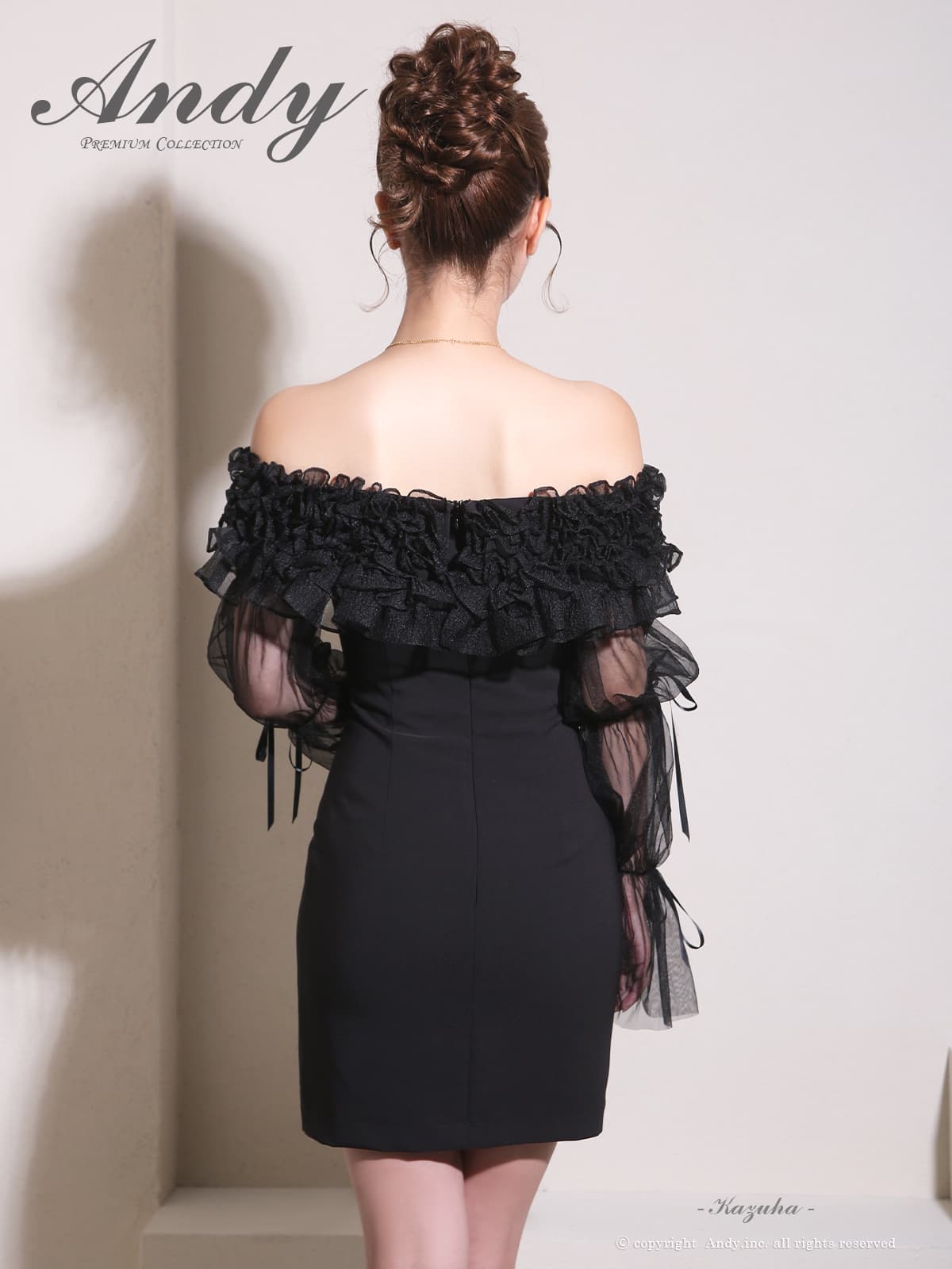 2Way オフショルダー 長袖 フリル リボン シアースリーブ タイトミニドレスの詳細画像3