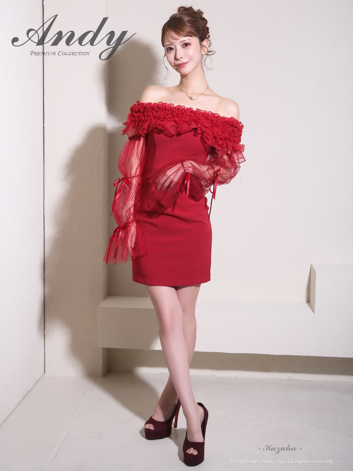 2Way オフショルダー 長袖 フリル リボン シアースリーブ タイトミニドレスの詳細画像3