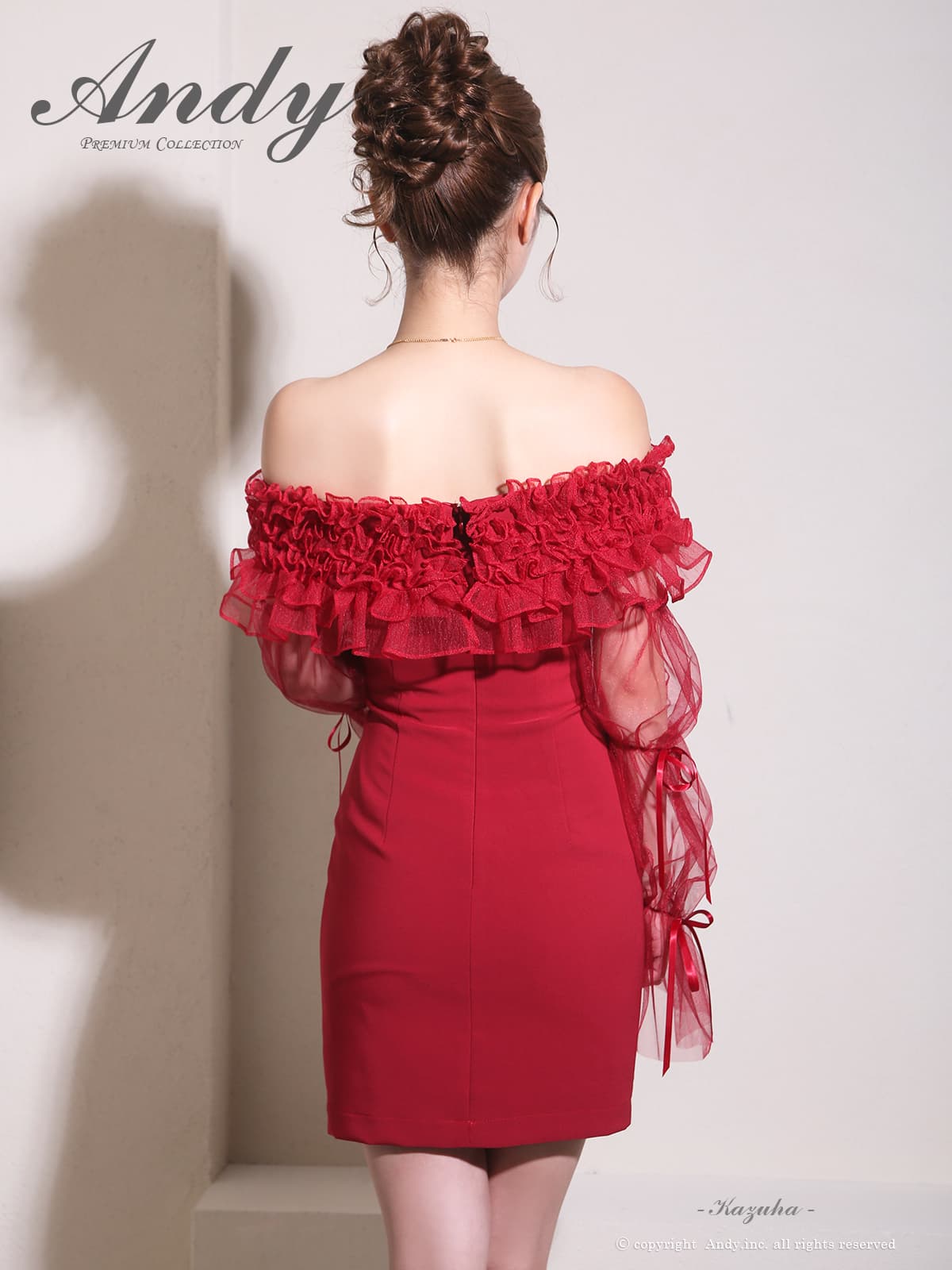 2Way オフショルダー 長袖 フリル リボン シアースリーブ タイトミニドレスの詳細画像3