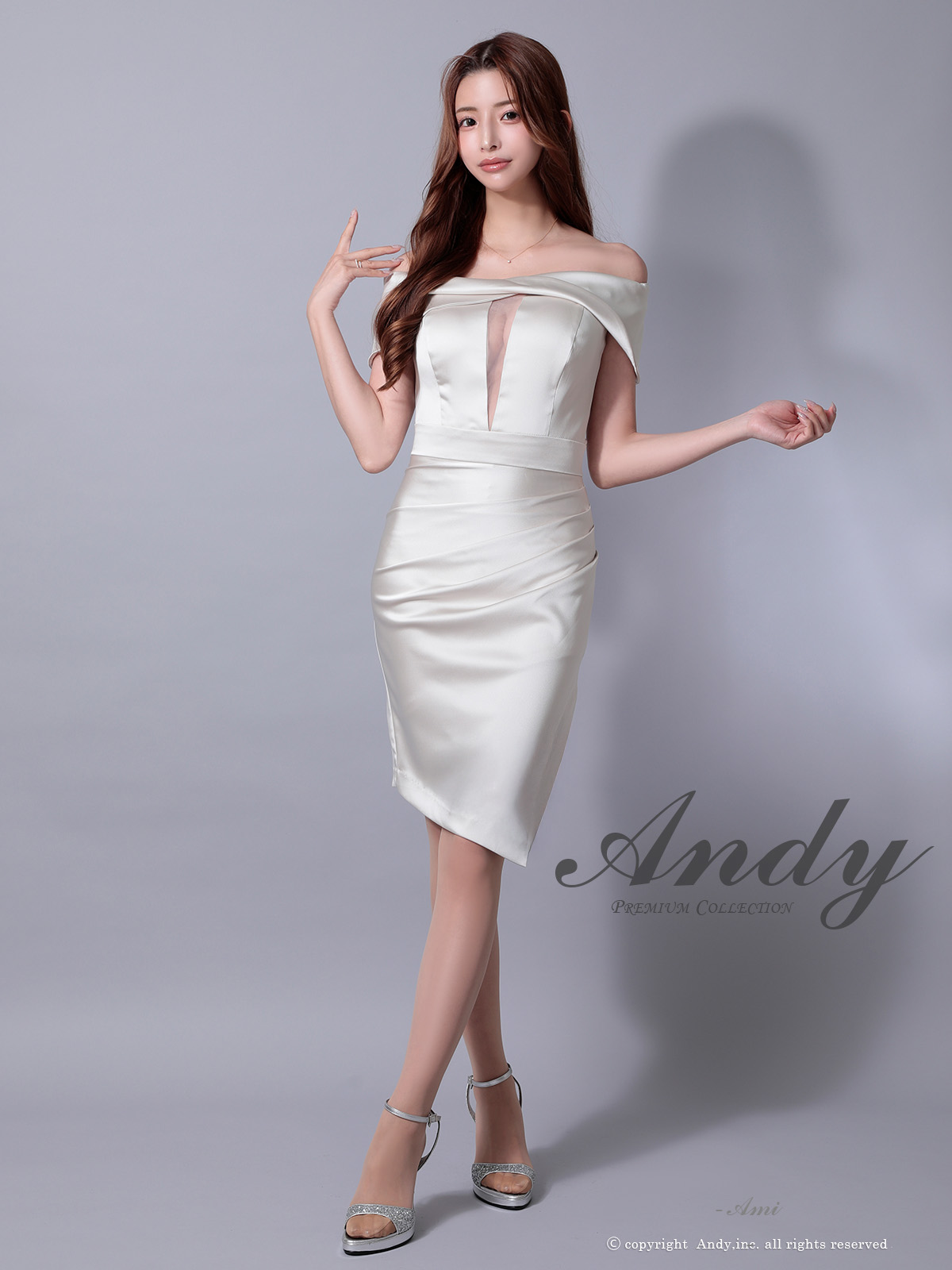 オフショルダー シースルー バストカット タック アシンメトリー スリット タイト 膝丈ドレスの詳細画像2