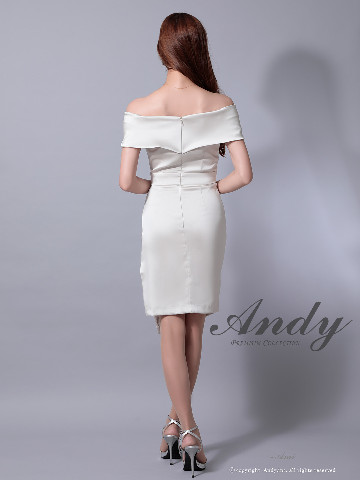 オフショルダー シースルー バストカット タック アシンメトリー スリット タイト 膝丈ドレスの詳細画像2