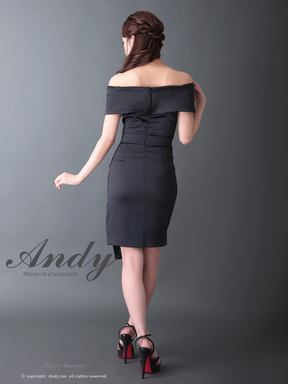 オフショルダー シースルー バストカット タック アシンメトリー スリット タイト 膝丈ドレスの詳細画像2