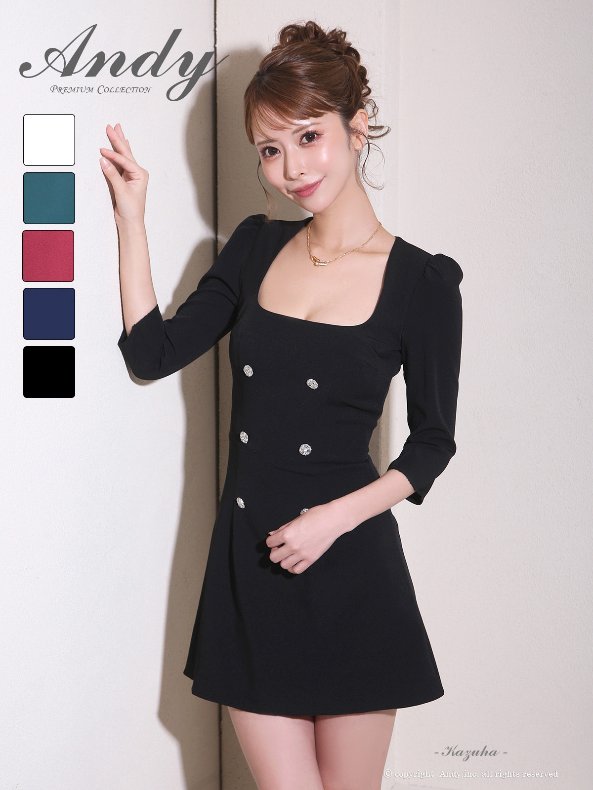 袖あり スクエアネック ボタン ワンカラー フレアミニドレスのメイン画像1