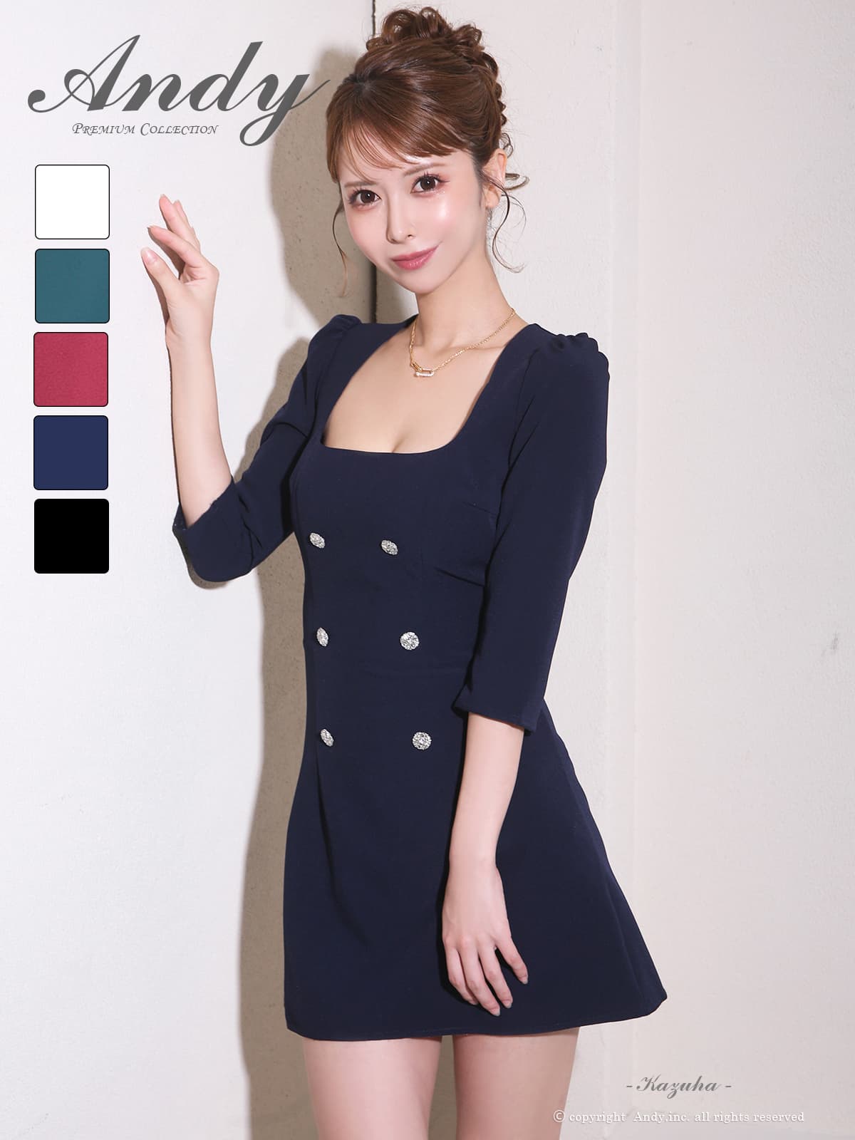 袖あり スクエアネック ボタン ワンカラー フレアミニドレスのメイン画像2