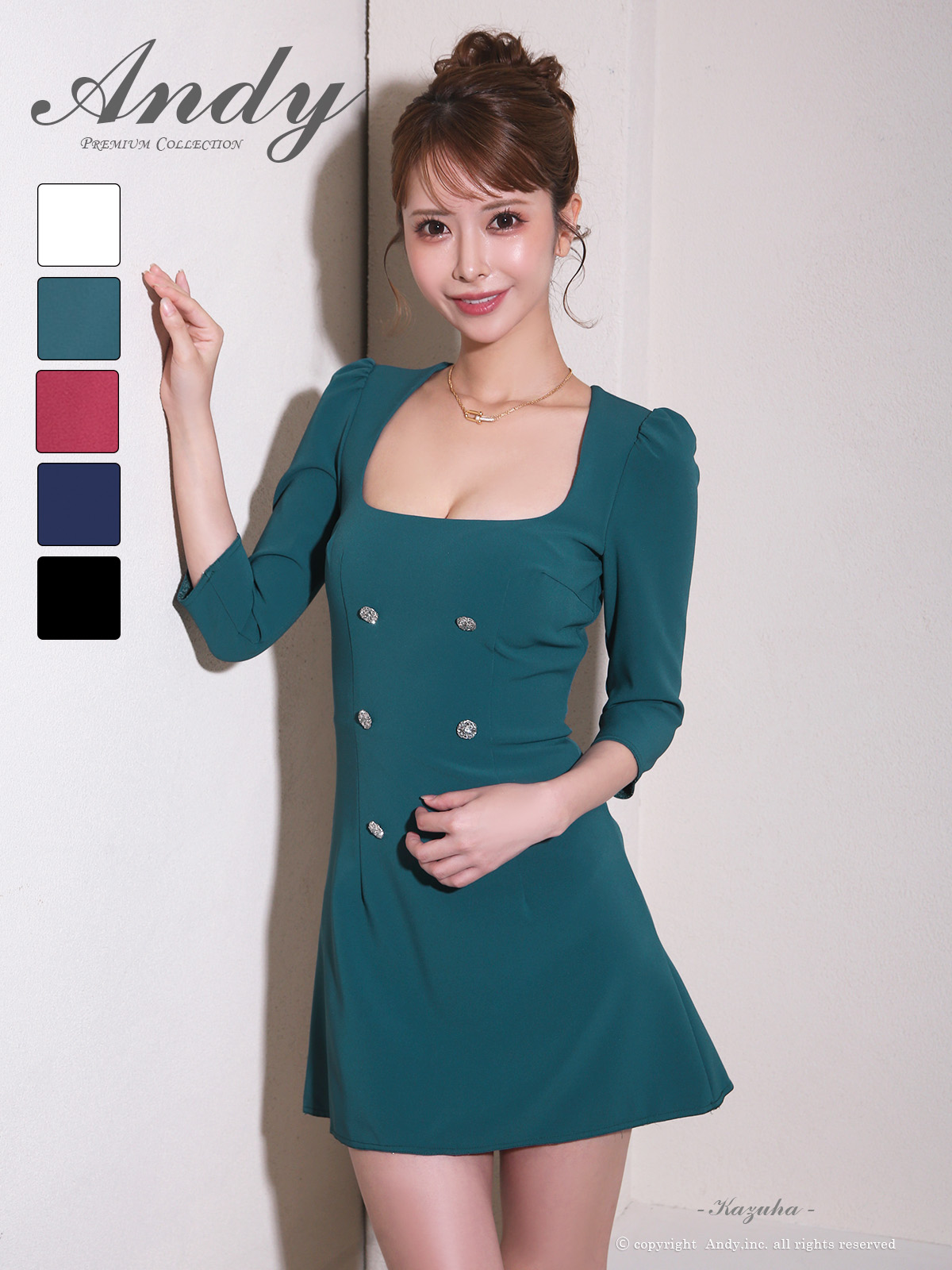 袖あり スクエアネック ボタン ワンカラー フレアミニドレスのメイン画像2