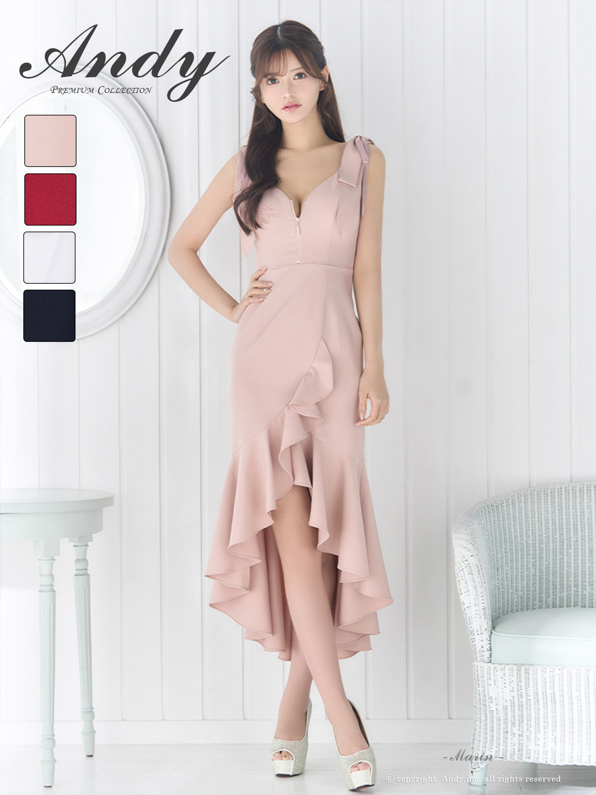 ノースリーブ ジップデザイン ショルダーリボン フリル ワンカラー ロングテールドレスのメイン画像2