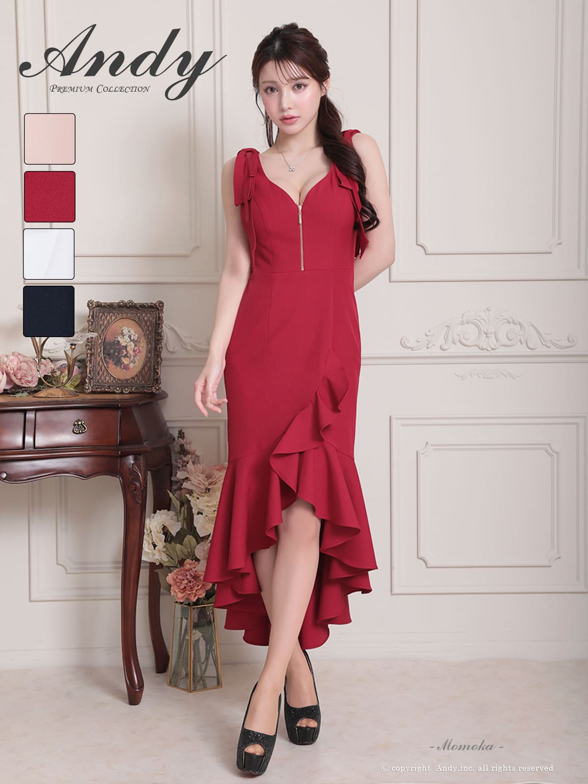 ノースリーブ ジップデザイン ショルダーリボン フリル ワンカラー ロングテールドレスのメイン画像2