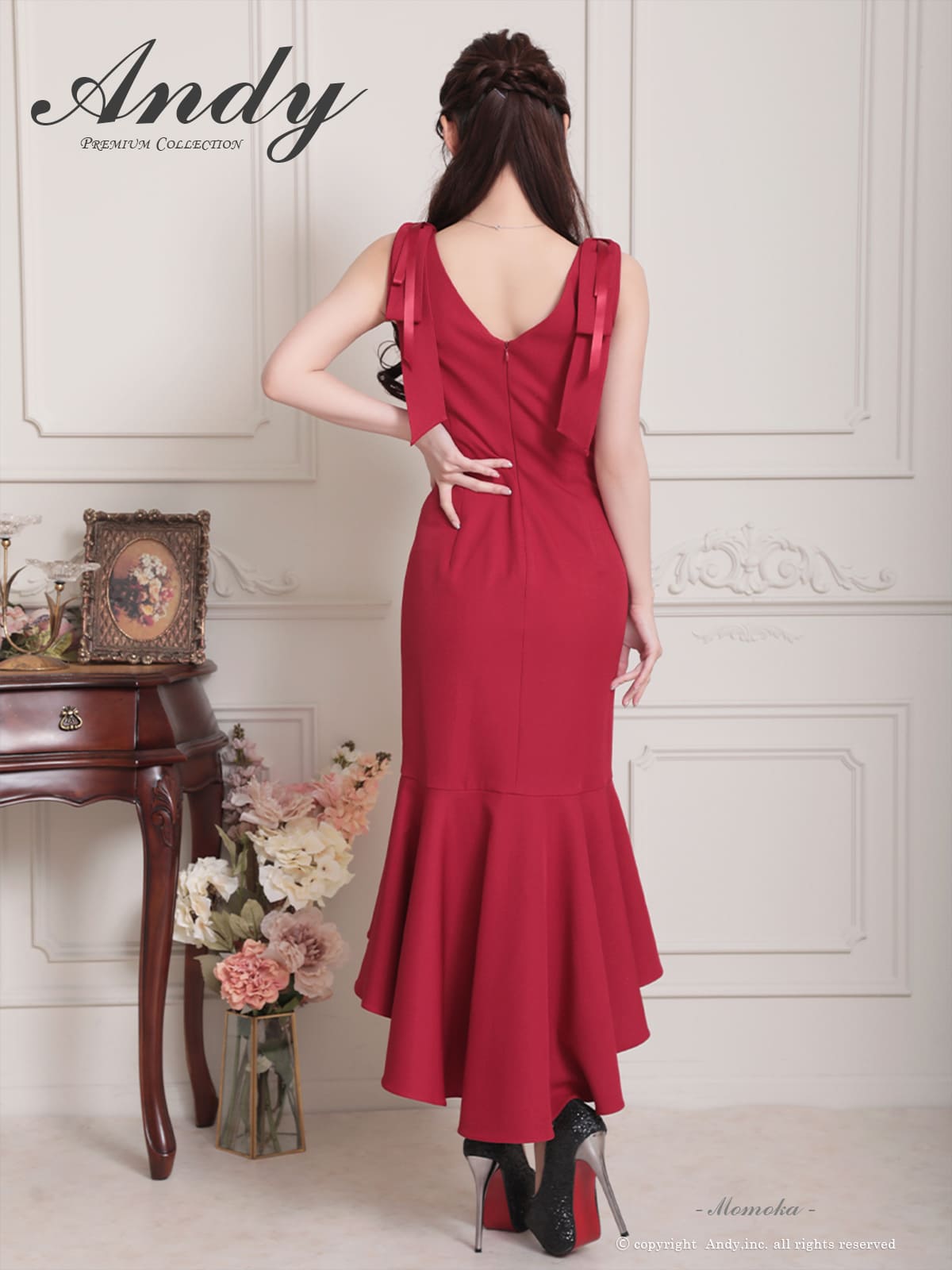 ノースリーブ ジップデザイン ショルダーリボン フリル ワンカラー ロングテールドレスの詳細画像1