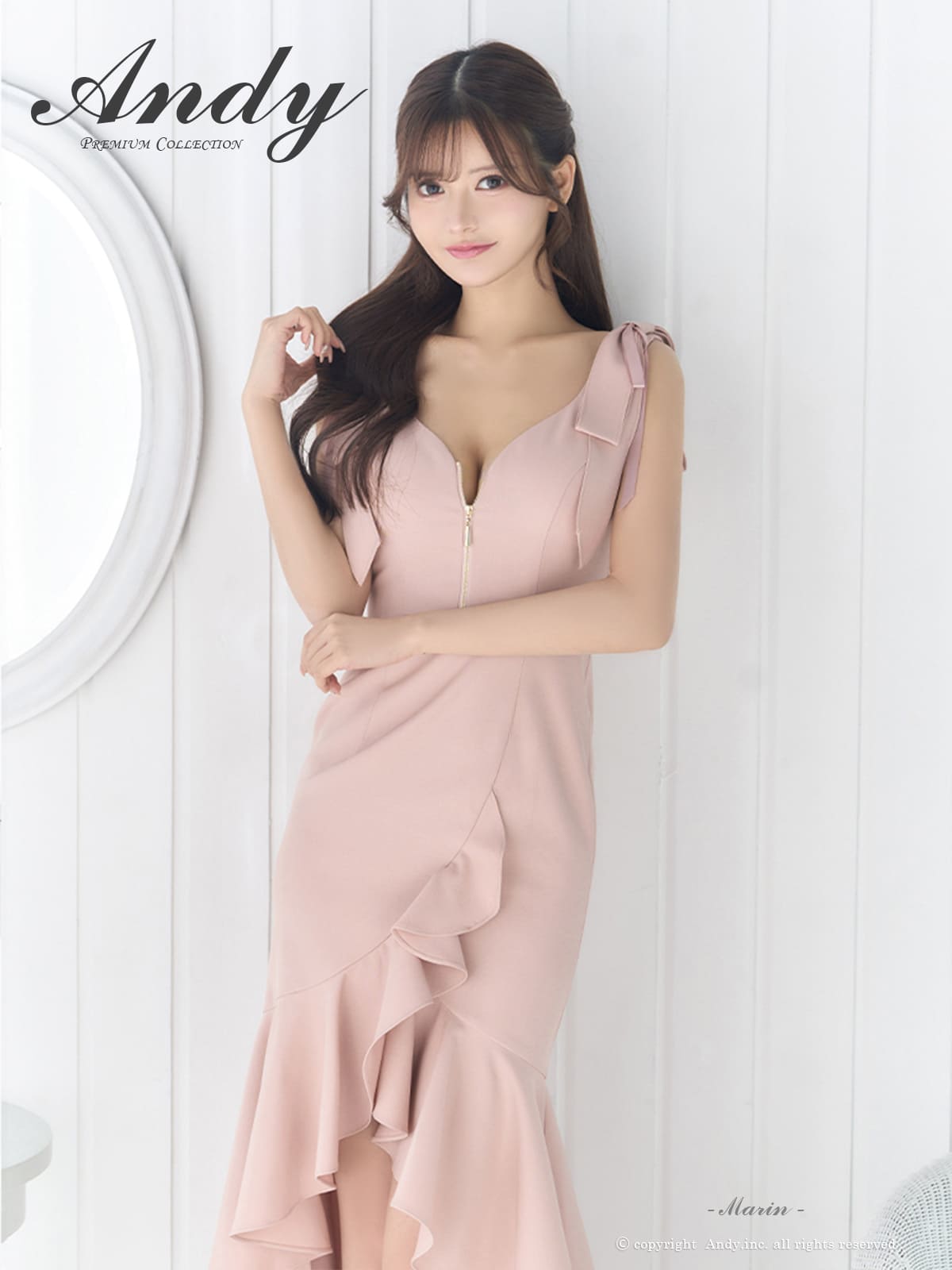 ノースリーブ ジップデザイン ショルダーリボン フリル ワンカラー ロングテールドレスの詳細画像1