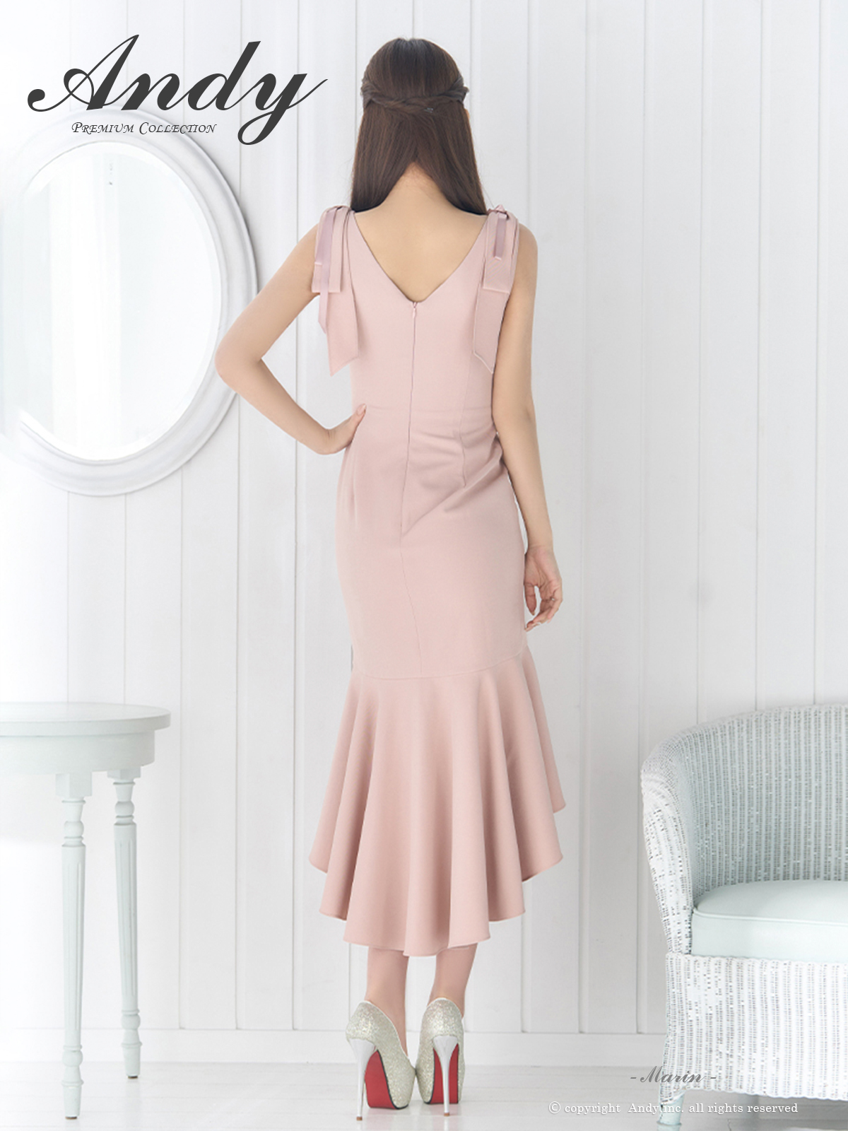 ノースリーブ ジップデザイン ショルダーリボン フリル ワンカラー ロングテールドレスの詳細画像1