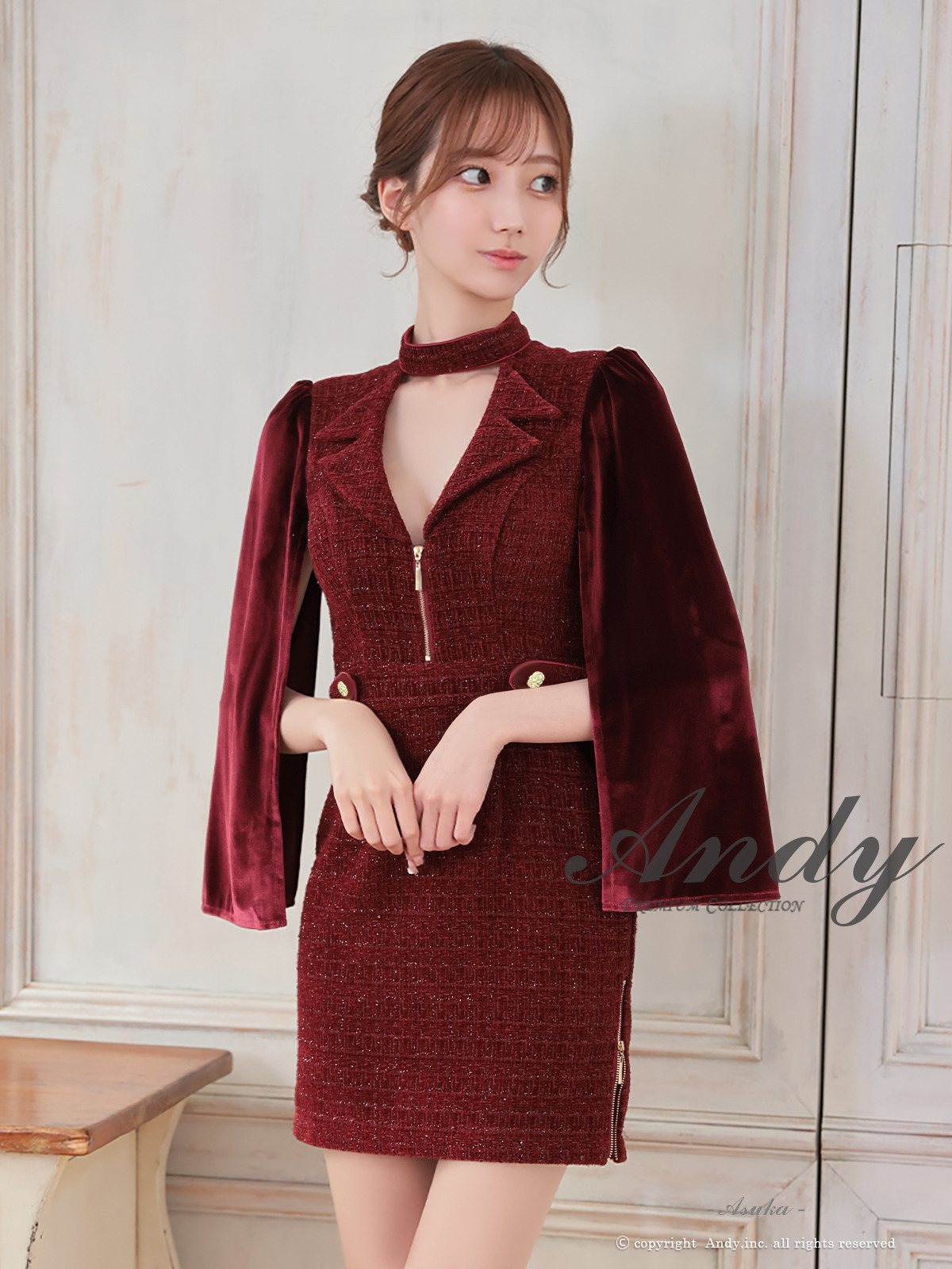 長袖 ノースリーブ ジップデザイン ツイード 襟付き 飾りボタン Vカット 2WAY タイトミニドレスのメイン画像4