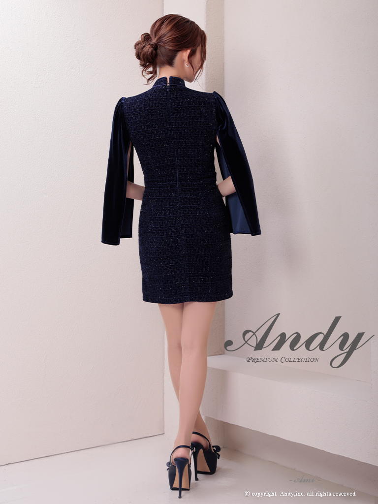 長袖 ノースリーブ ジップデザイン ツイード 襟付き 飾りボタン Vカット 2WAY タイトミニドレスの全身バック画像1