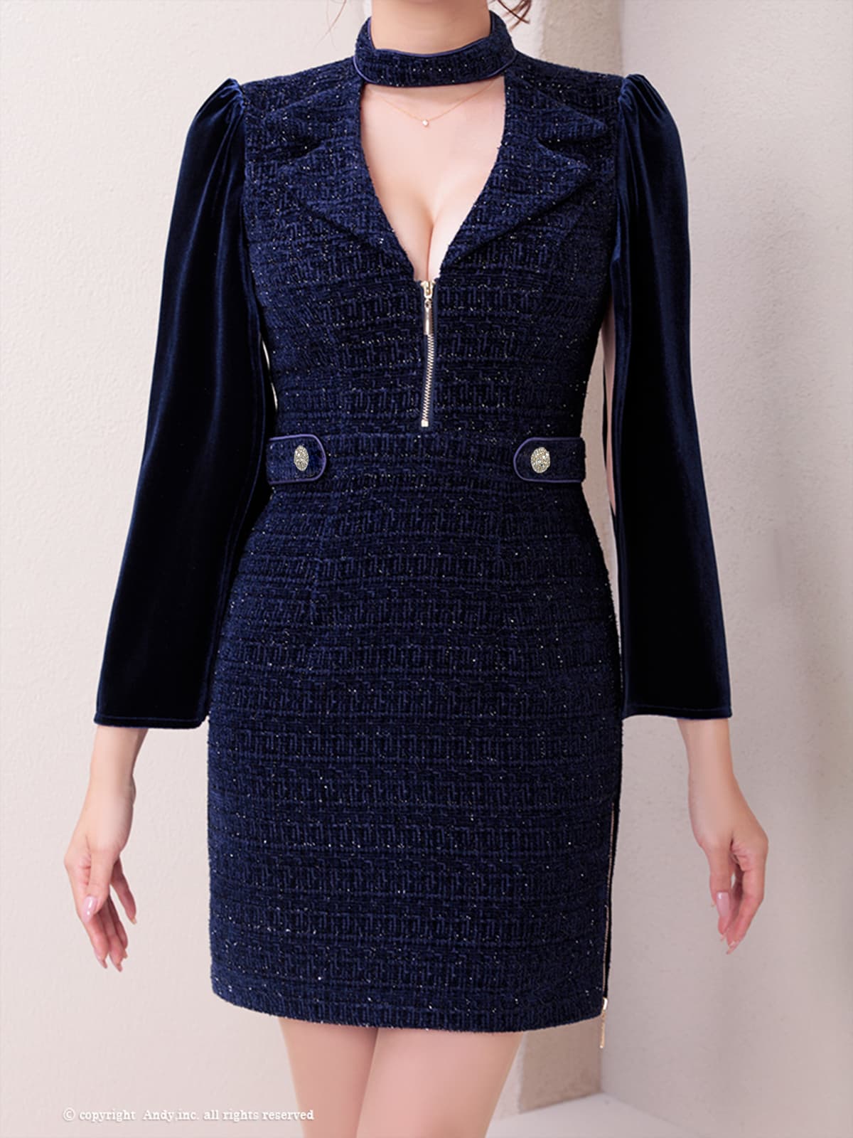 長袖 ノースリーブ ジップデザイン ツイード 襟付き 飾りボタン Vカット 2WAY タイトミニドレスの詳細画像1