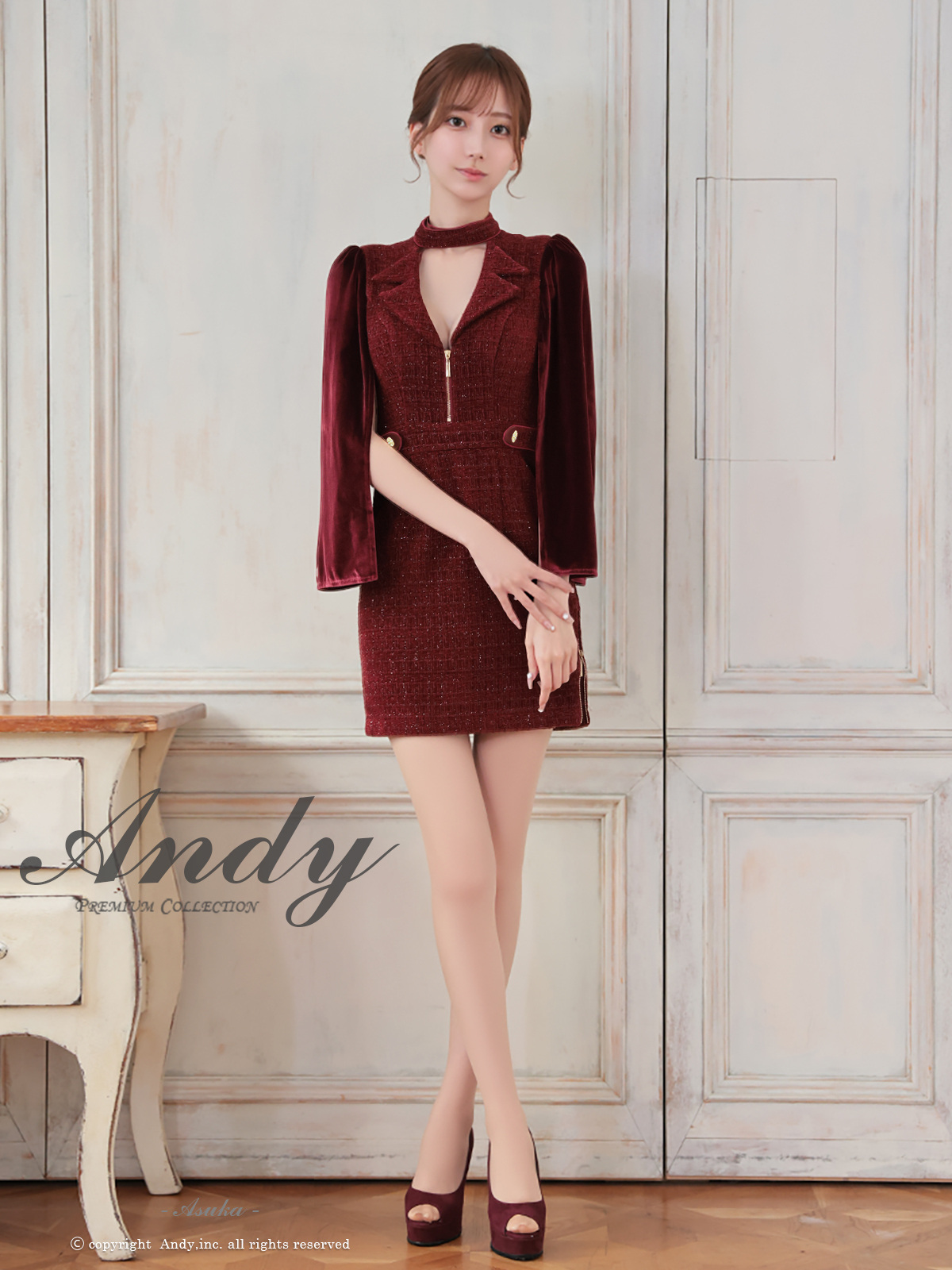 長袖 ノースリーブ ジップデザイン ツイード 襟付き 飾りボタン Vカット 2WAY タイトミニドレスの全身サイド画像3