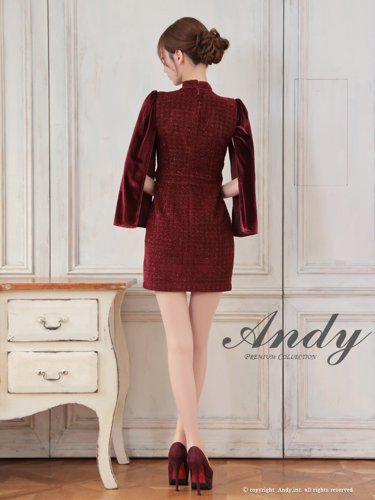 長袖 ノースリーブ ジップデザイン ツイード 襟付き 飾りボタン Vカット 2WAY タイトミニドレスの全身バック画像3