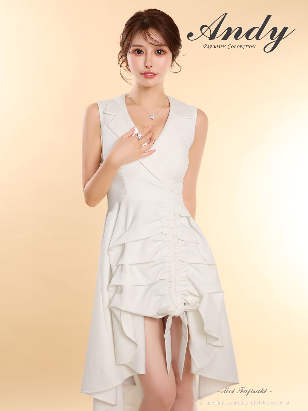 ノースリーブ 襟付き フリル ティアード リボン ドローストリング ロングテールドレスの全身フロント画像1