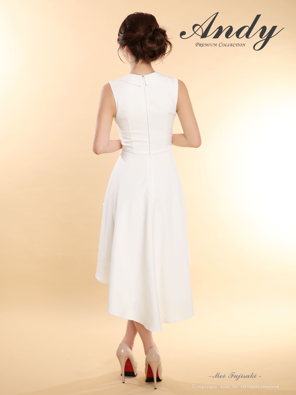 ノースリーブ 襟付き フリル ティアード リボン ドローストリング ロングテールドレスの全身サイド画像1