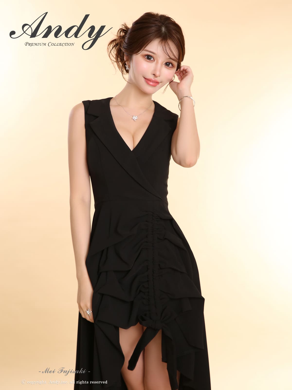 ノースリーブ 襟付き フリル ティアード リボン ドローストリング ロングテールドレスの詳細画像1