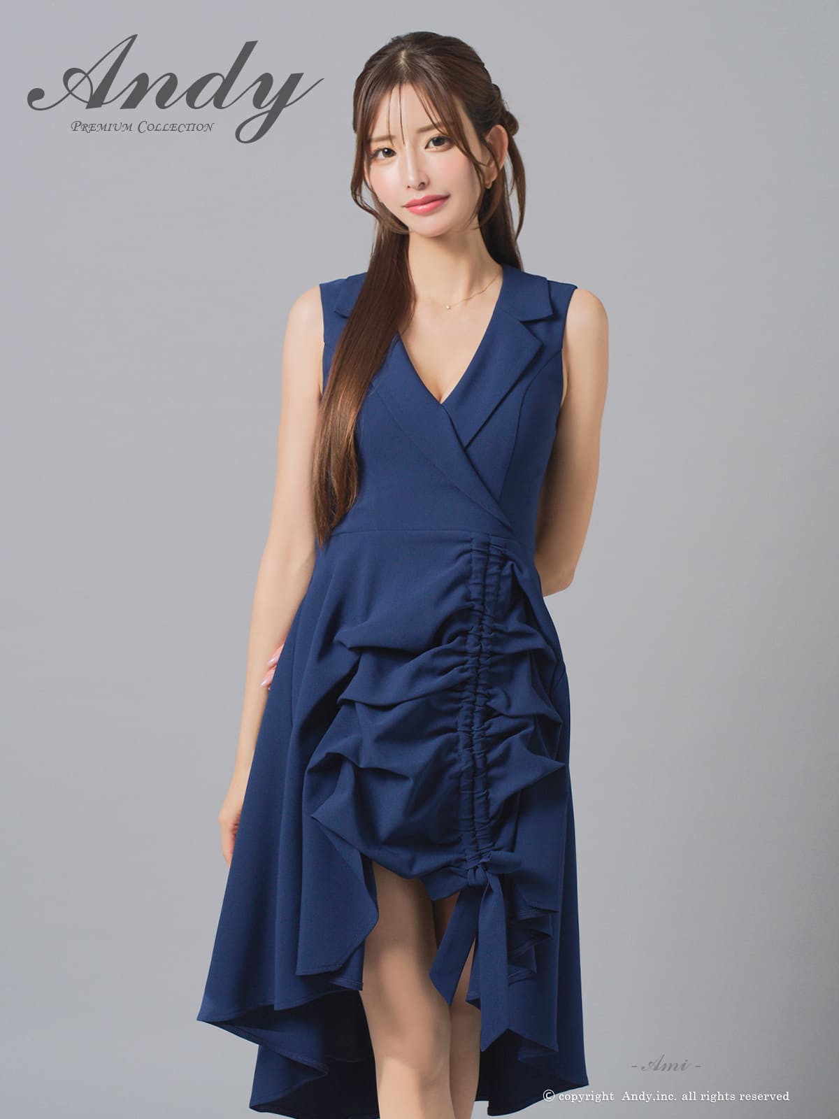 ノースリーブ 襟付き フリル ティアード リボン ドローストリング ロングテールドレスの詳細画像1