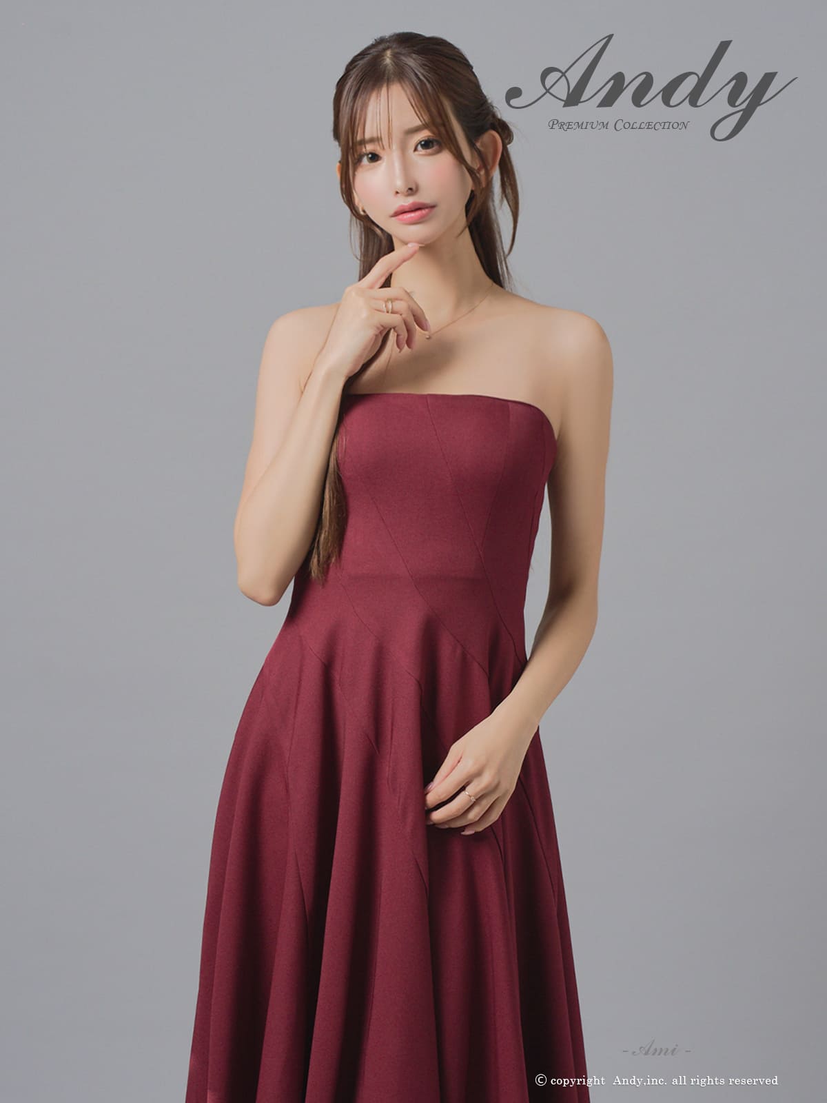 キャミソール 2way ベアトップ ワンカラー プリーツ ミモレ丈 Aラインロングドレスのメイン画像2