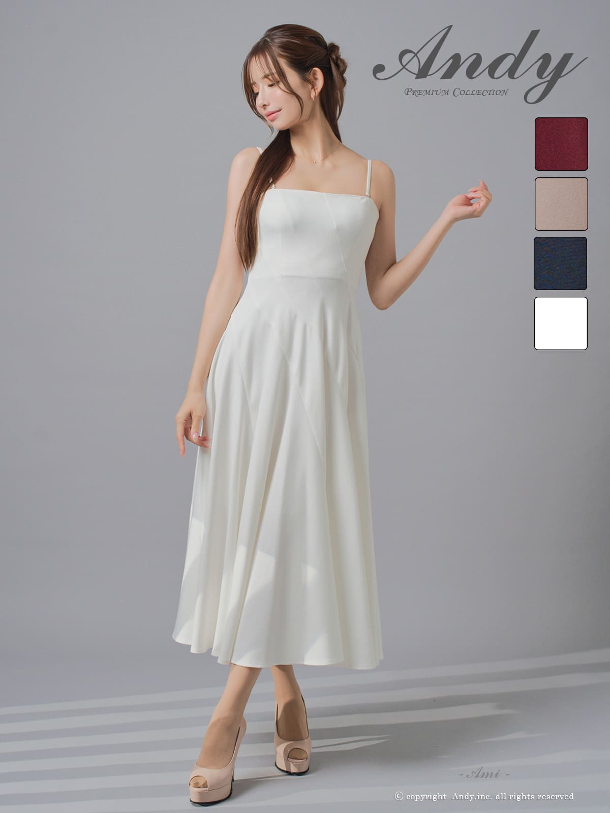 キャミソール 2way ベアトップ ワンカラー プリーツ ミモレ丈 Aラインロングドレスのメイン画像2