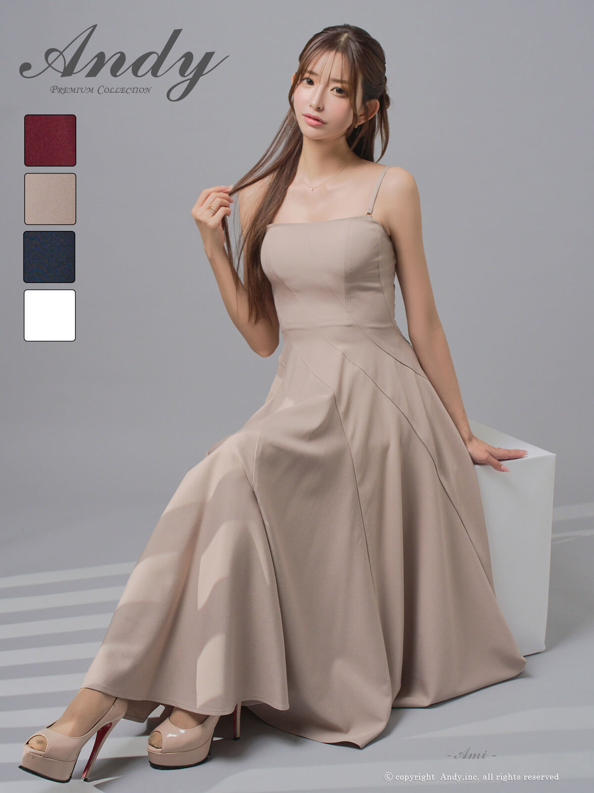 キャミソール 2way ベアトップ ワンカラー プリーツ ミモレ丈 Aラインロングドレスのメイン画像2