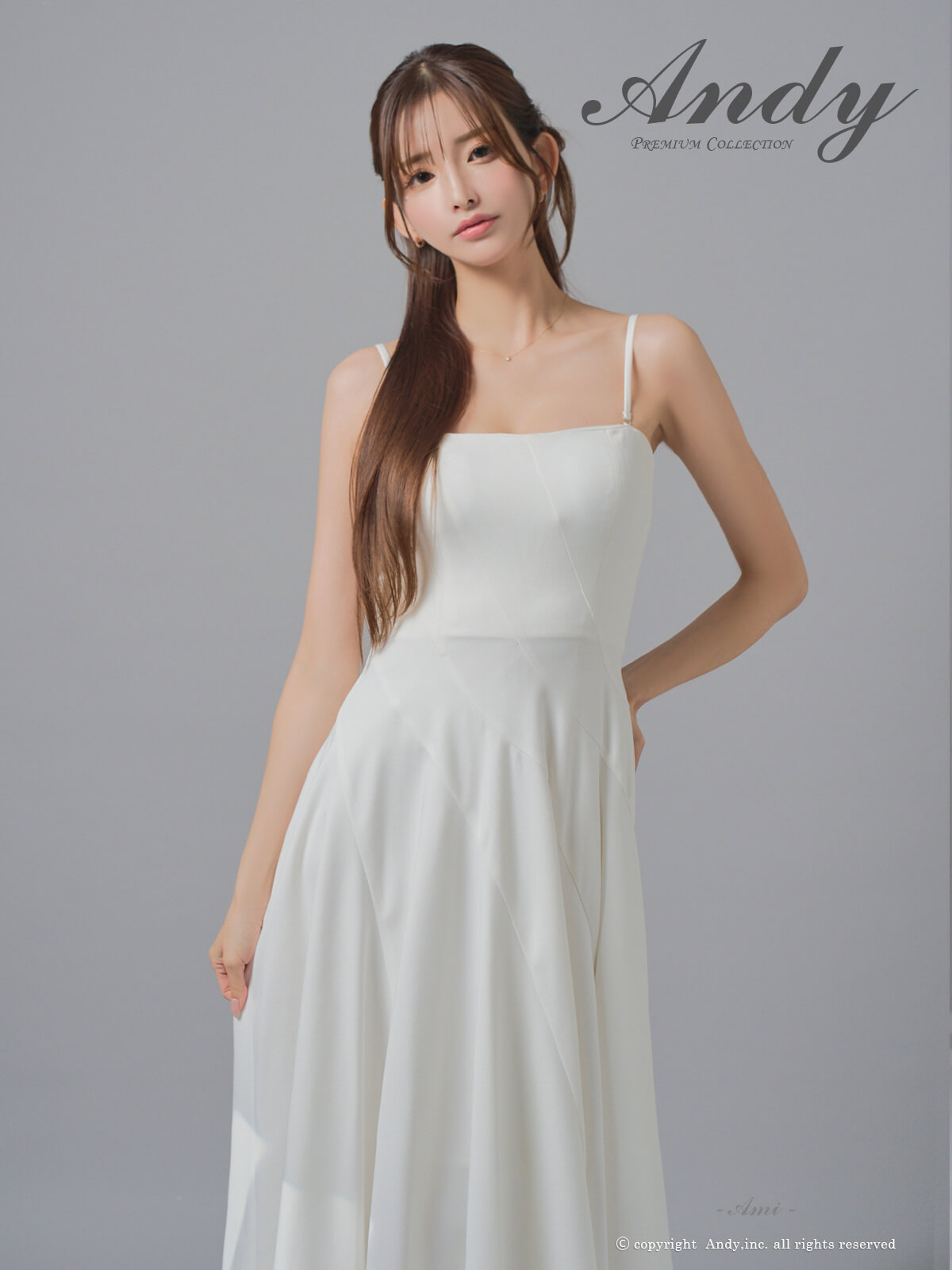 キャミソール 2way ベアトップ ワンカラー プリーツ ミモレ丈 Aラインロングドレスの詳細画像1