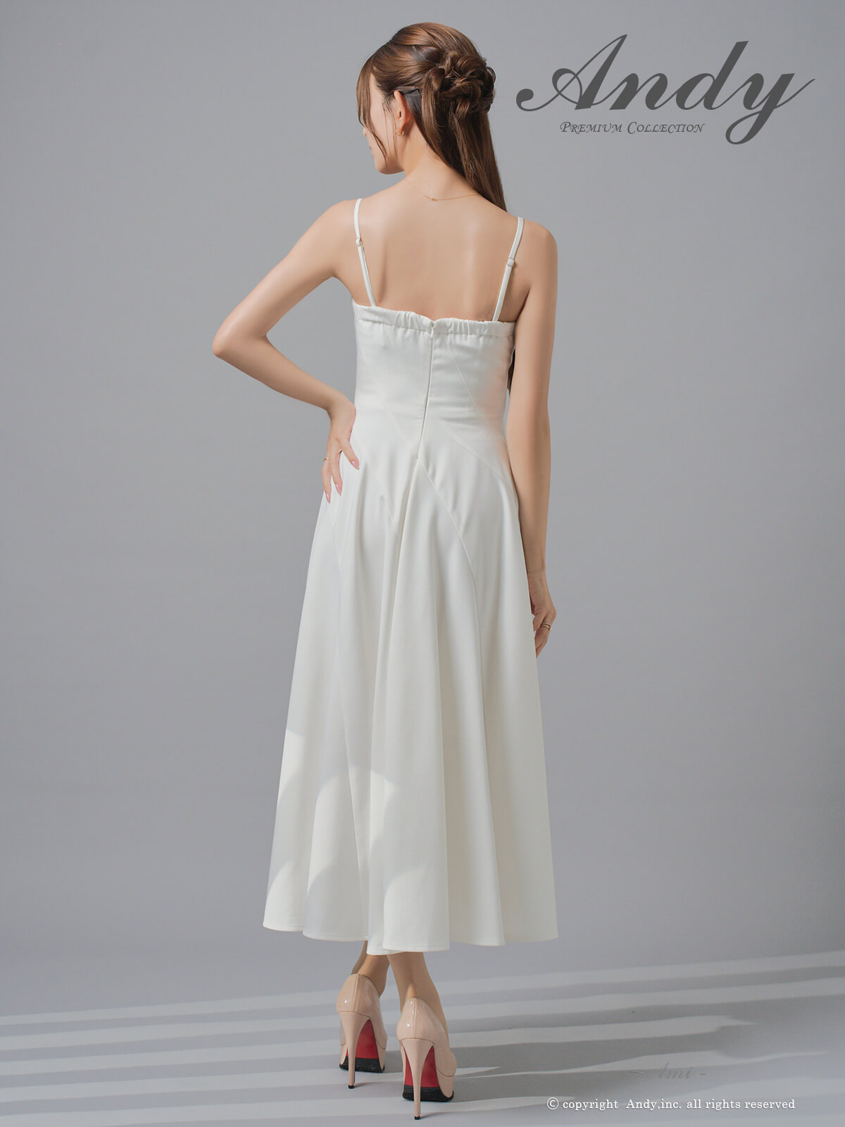 キャミソール 2way ベアトップ ワンカラー プリーツ ミモレ丈 Aラインロングドレスの詳細画像1