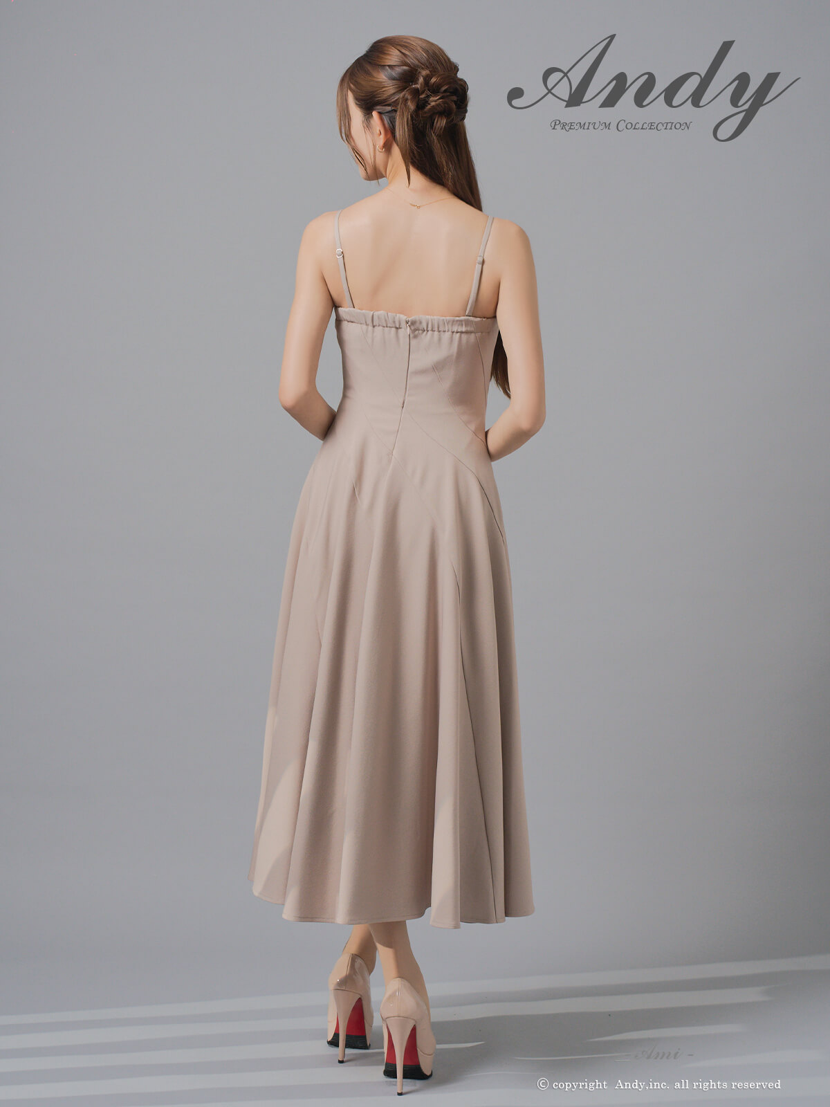 キャミソール 2way ベアトップ ワンカラー プリーツ ミモレ丈 Aラインロングドレスの詳細画像1