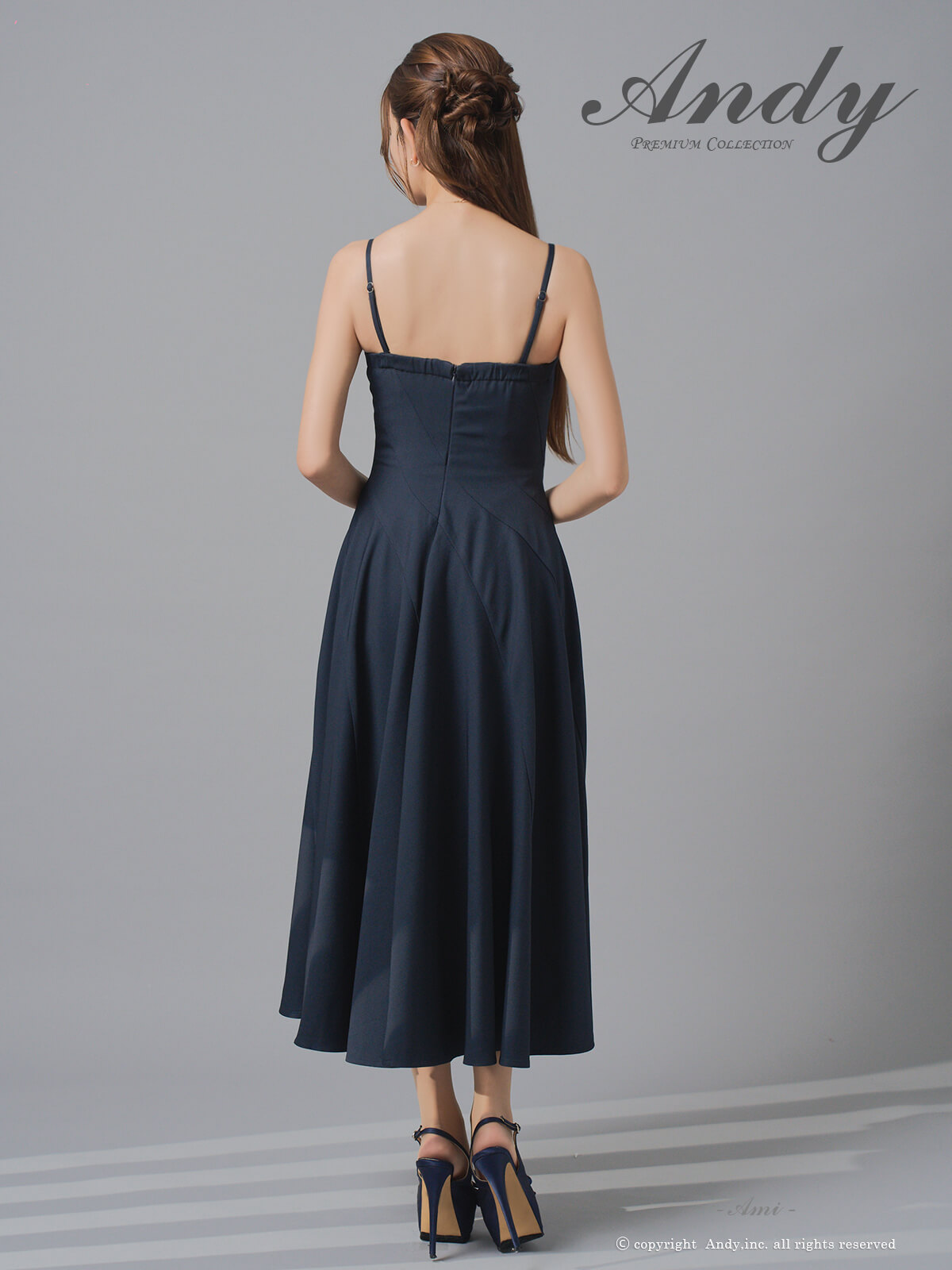 キャミソール 2way ベアトップ ワンカラー プリーツ ミモレ丈 Aラインロングドレスの詳細画像1