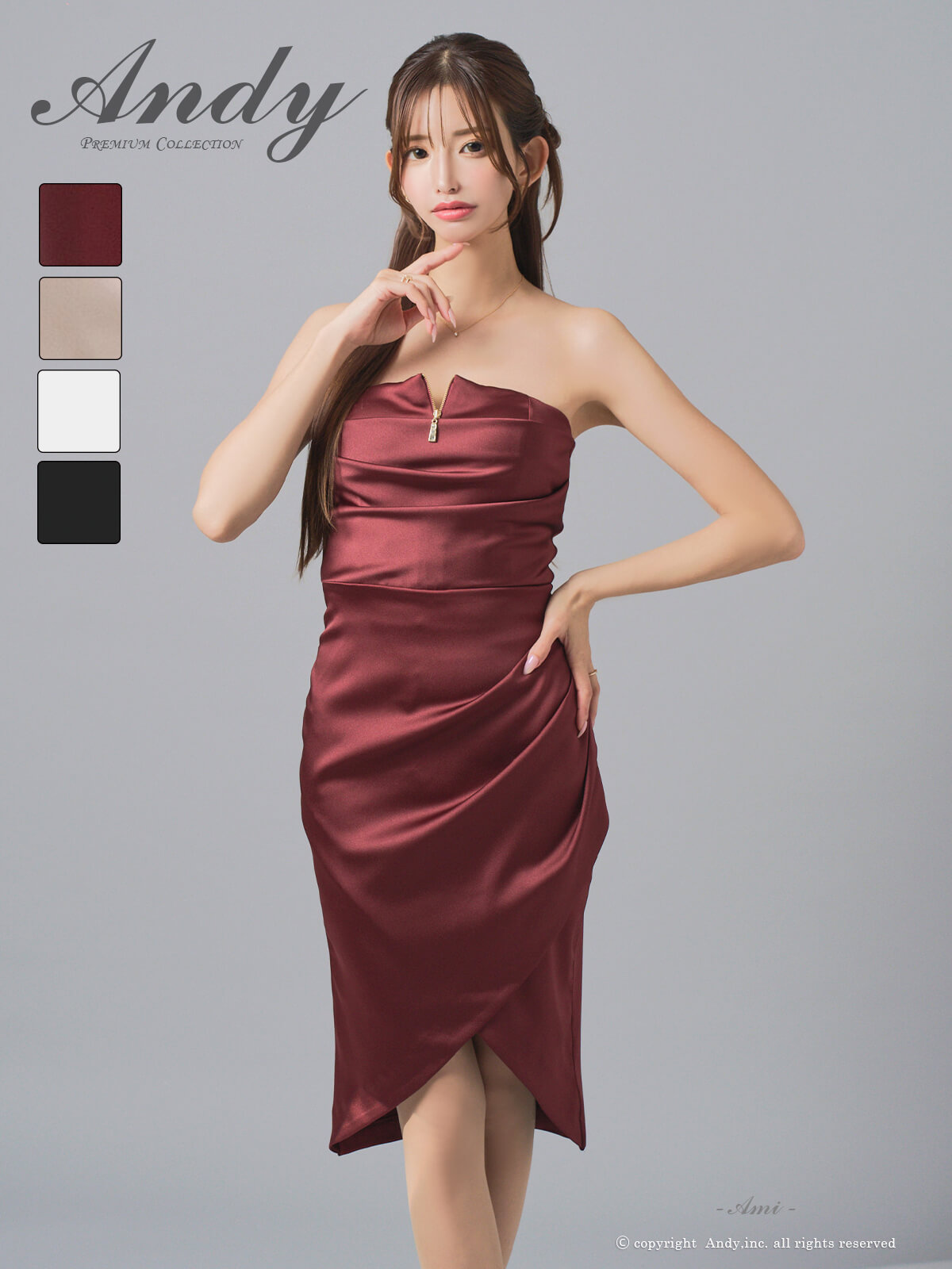 ジップデザイン ワンカラー サテン ベア タイトミニドレスのメイン画像1