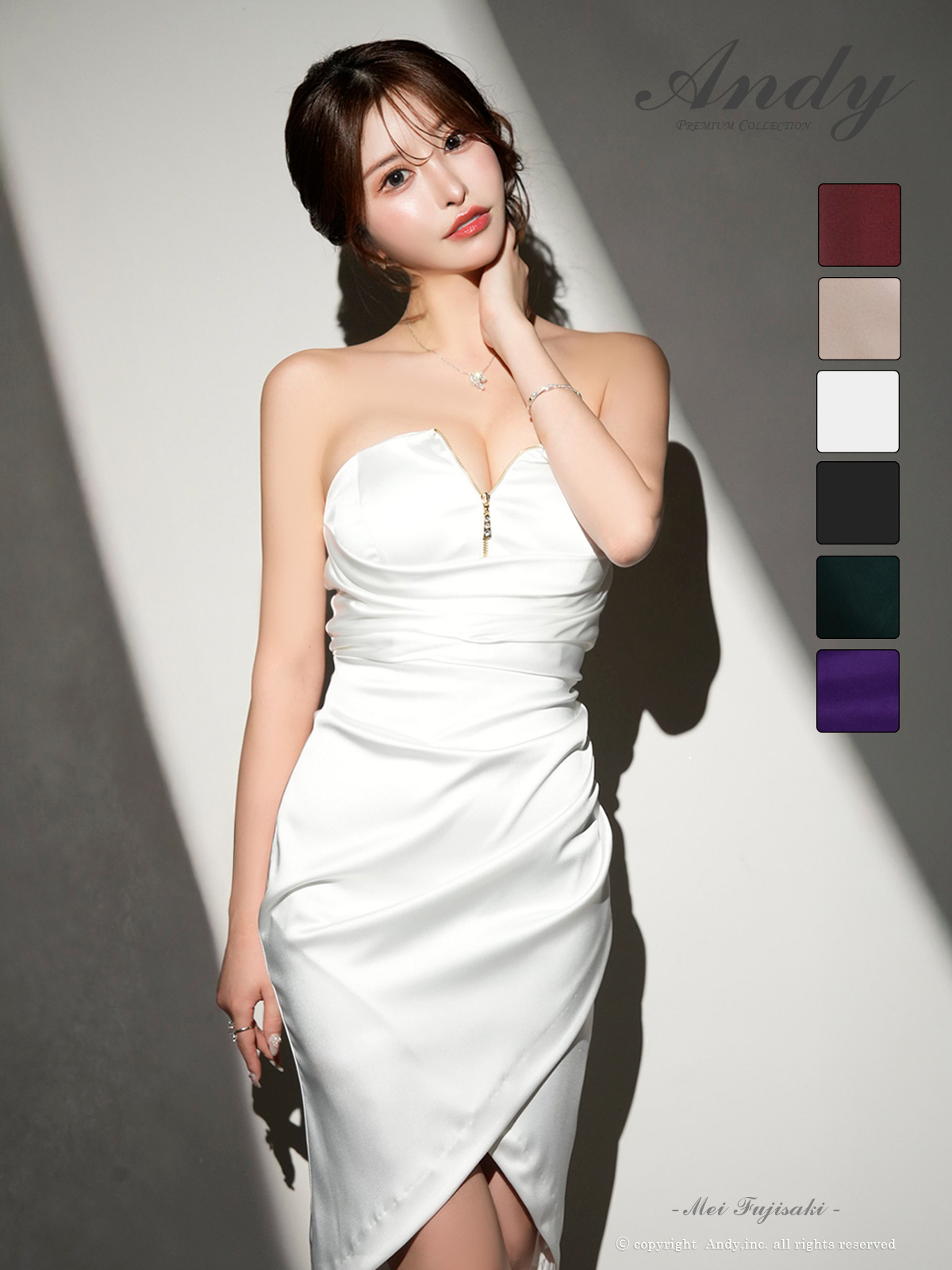 ジップデザイン ワンカラー サテン ベア ドレープ シンプル 膝丈ドレスのメイン画像4
