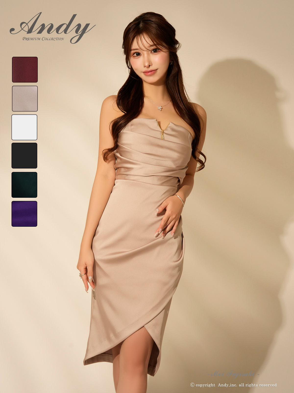 ジップデザイン ワンカラー サテン ベア ドレープ シンプル 膝丈ドレスのメイン画像4