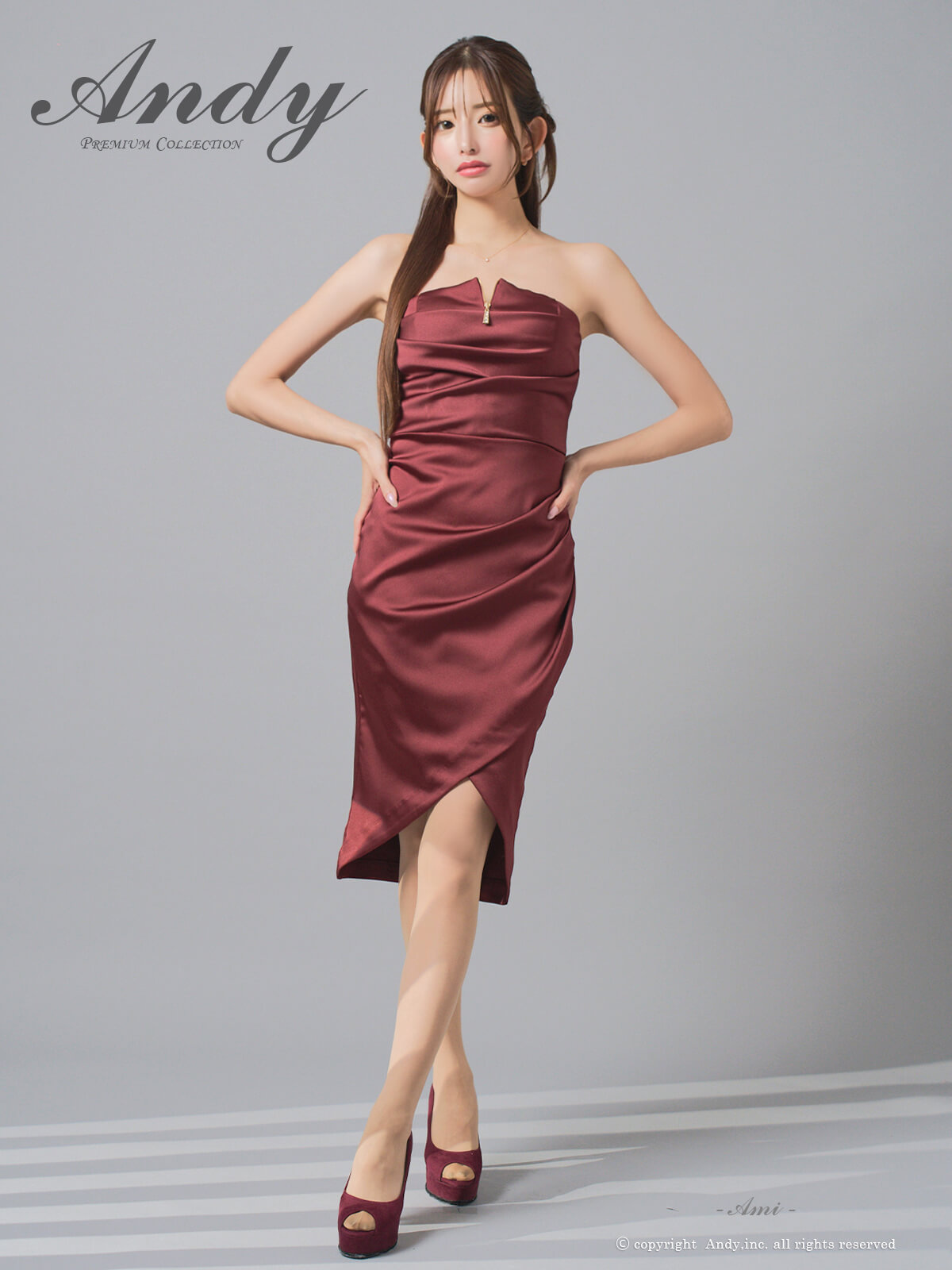 ジップデザイン ワンカラー サテン ベア タイトミニドレスの全身フロント画像1