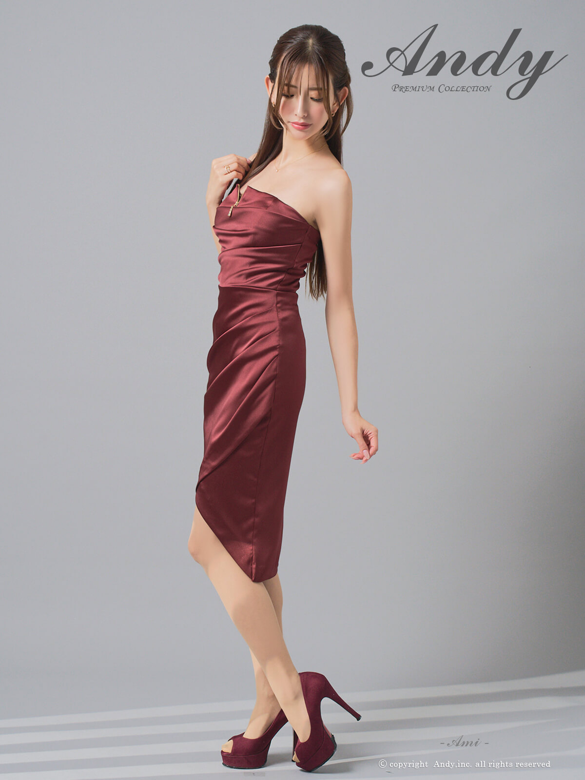 ジップデザイン ワンカラー サテン ベア タイトミニドレスの全身サイド画像1