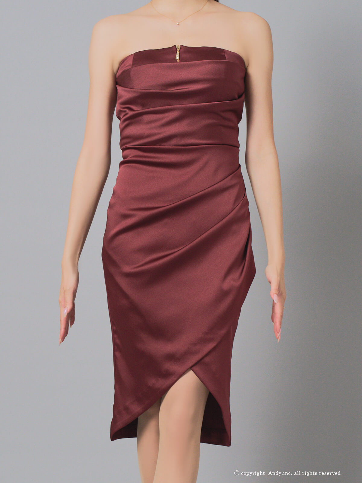 ジップデザイン ワンカラー サテン ベア タイトミニドレスの詳細画像1