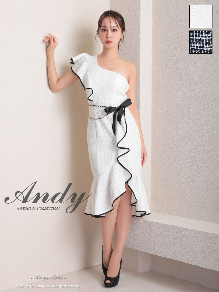 ワンショルダー チェック柄 ツイード フリル ウエストリボン チェーン タイト 膝丈ドレスのメイン画像1