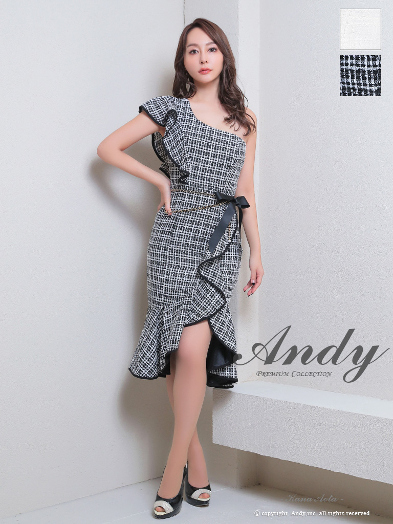 ワンショルダー チェック柄 ツイード フリル ウエストリボン チェーン タイト 膝丈ドレスのメイン画像2