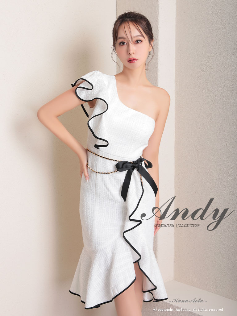 ワンショルダー チェック柄 ツイード フリル ウエストリボン チェーン タイト 膝丈ドレスの全身フロント画像1