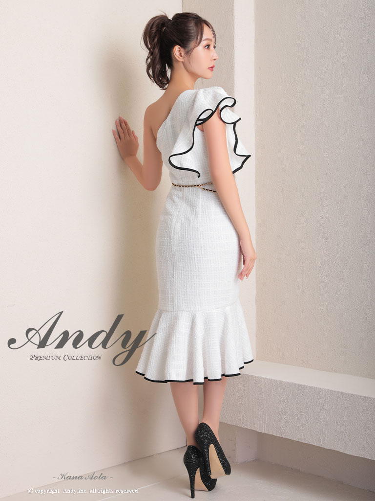 ワンショルダー チェック柄 ツイード フリル ウエストリボン チェーン タイト 膝丈ドレスの全身サイド画像1