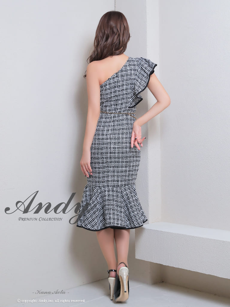 ワンショルダー チェック柄 ツイード フリル ウエストリボン チェーン タイト 膝丈ドレスの詳細画像3