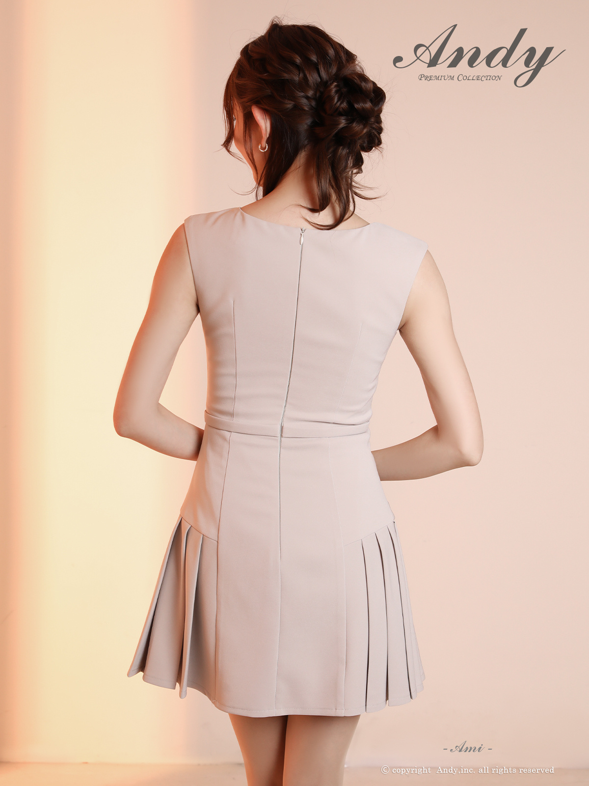 ノースリーブ ジップデザイン ベルト プリーツ ワンカラー フレアミニドレスの全身バック画像1