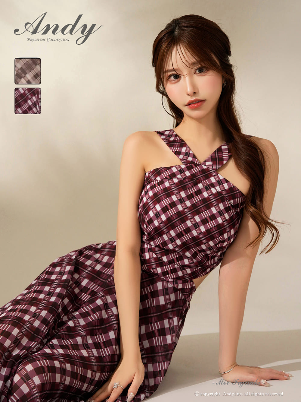 ホルターネック チェック柄 ウエストカット シフォン Aラインロングドレスのメイン画像1