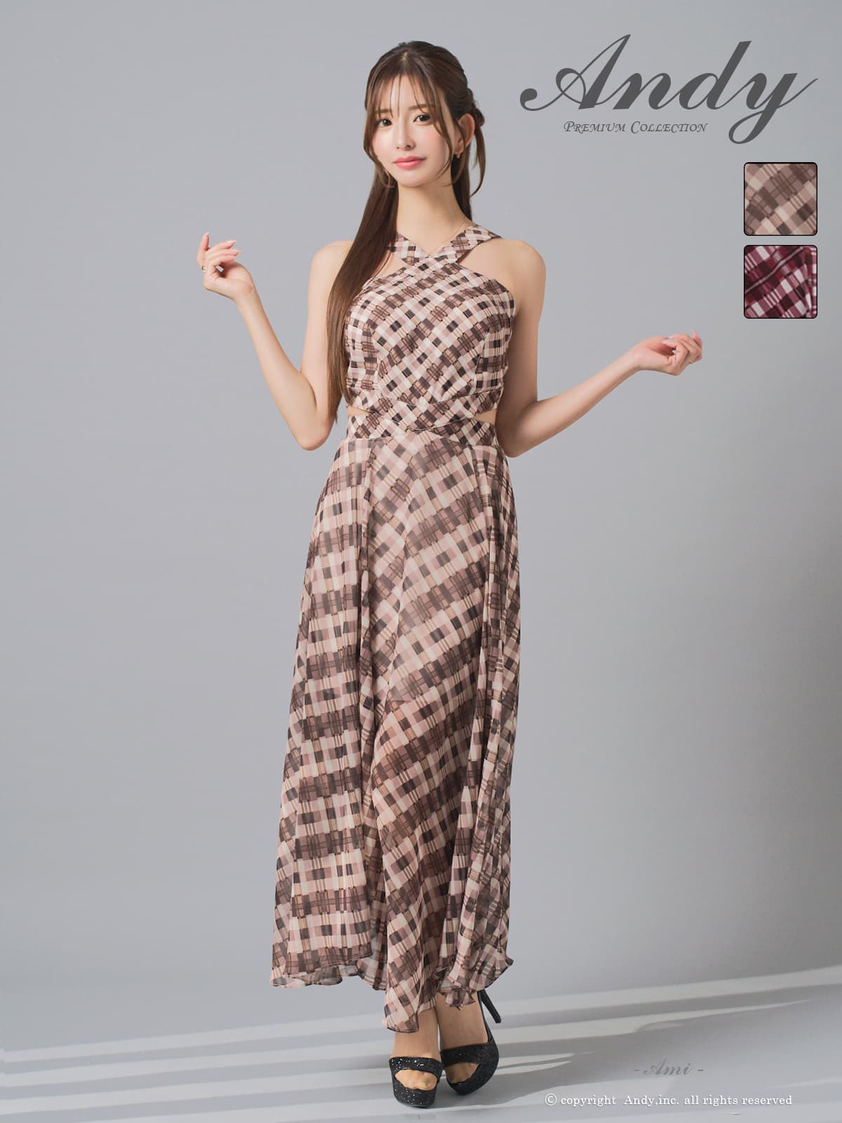 ホルターネック チェック柄 ウエストカット シフォン Aラインロングドレスのメイン画像2