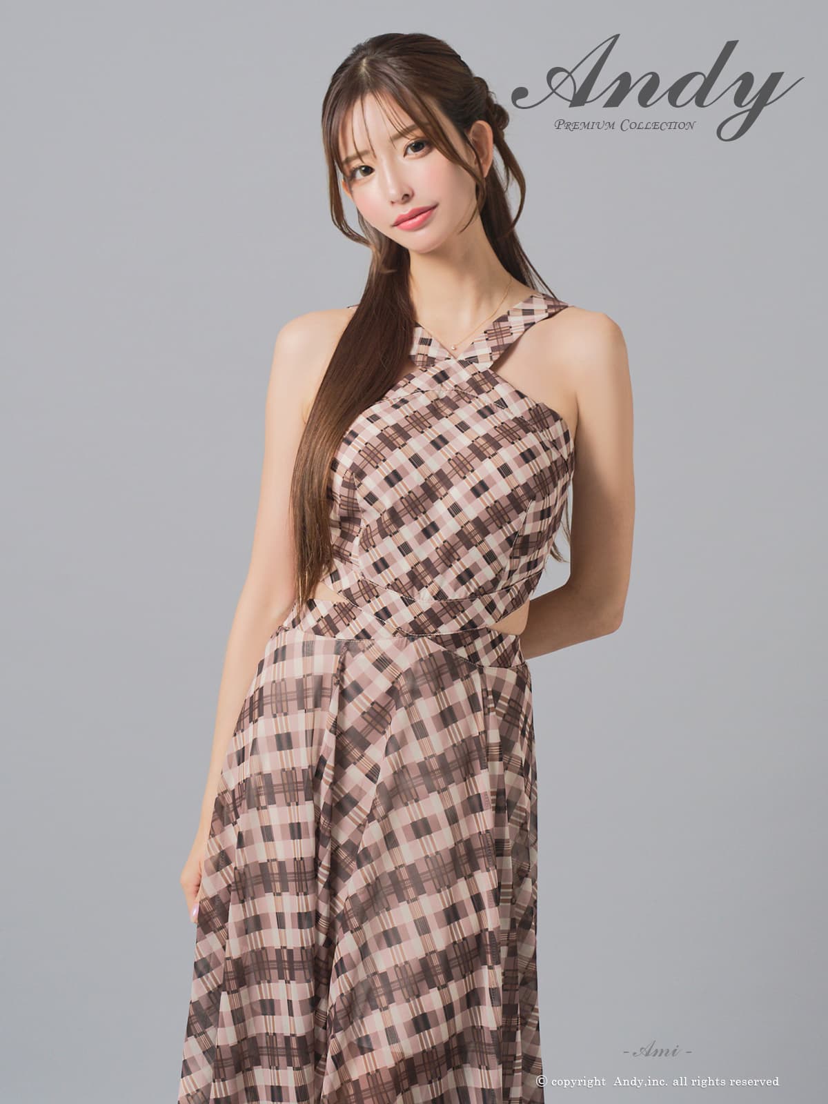 ホルターネック チェック柄 ウエストカット シフォン Aラインロングドレスの全身フロント画像1