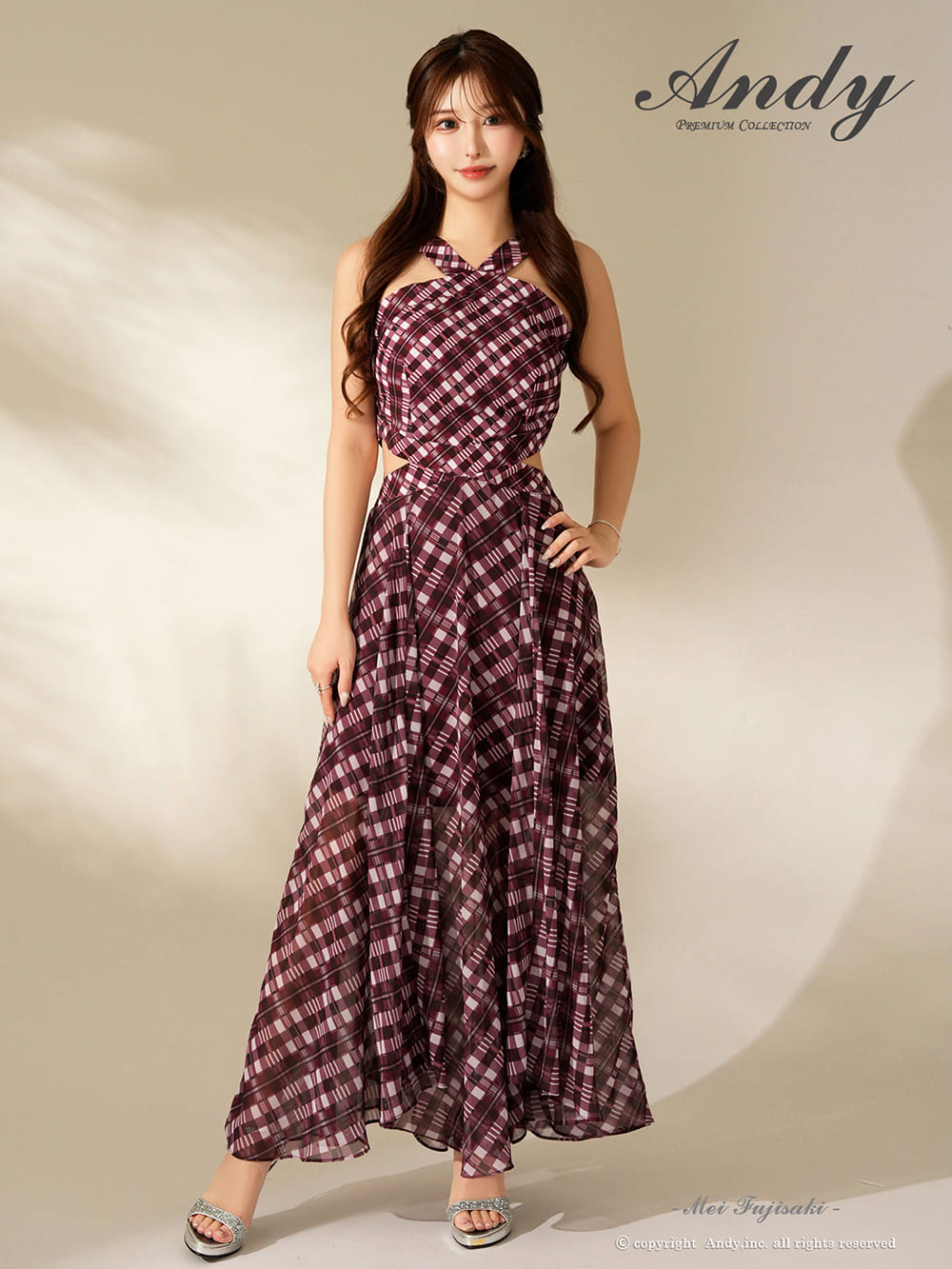 ホルターネック チェック柄 ウエストカット シフォン Aラインロングドレスの詳細画像1