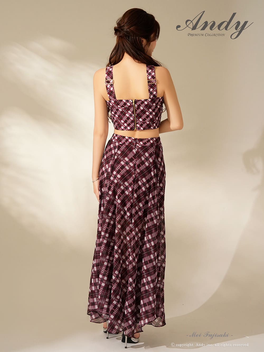 ホルターネック チェック柄 ウエストカット シフォン Aラインロングドレスの詳細画像1