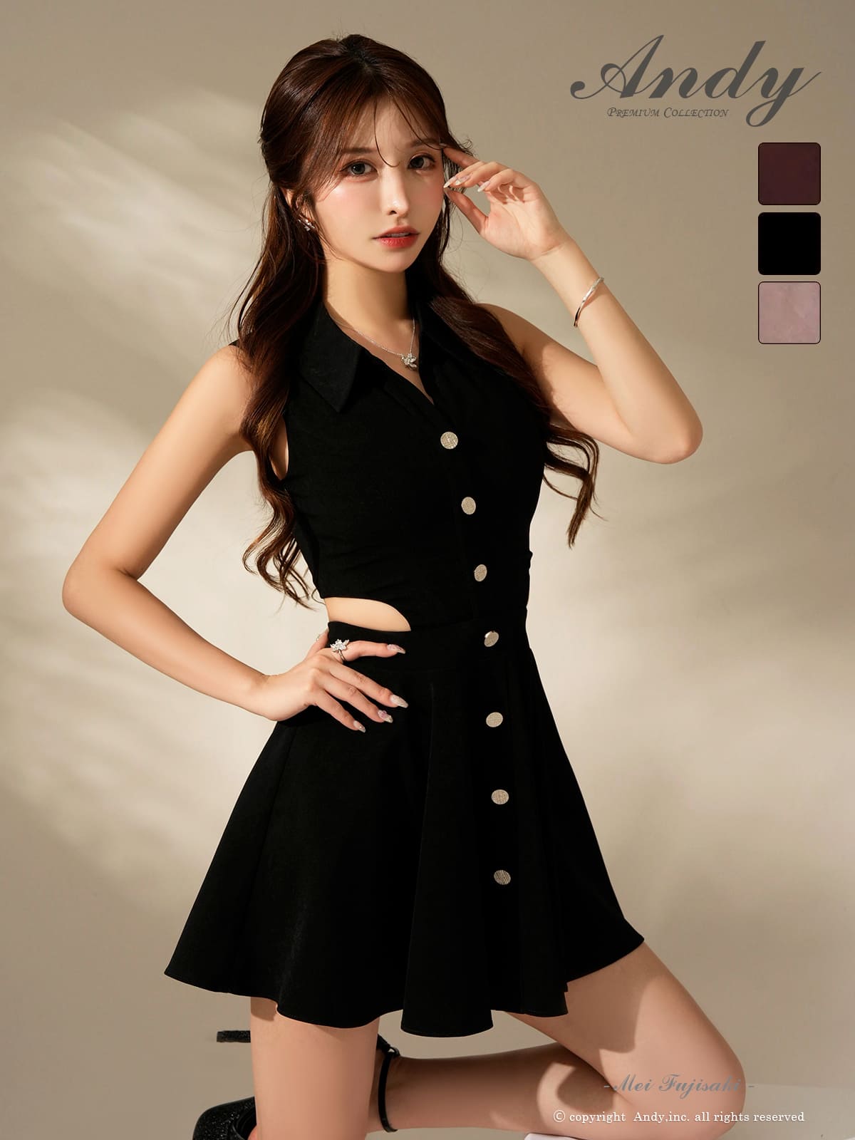 ノースリーブ ウエスト カットアウト ボタン 襟付き フレアミニドレスのメイン画像1